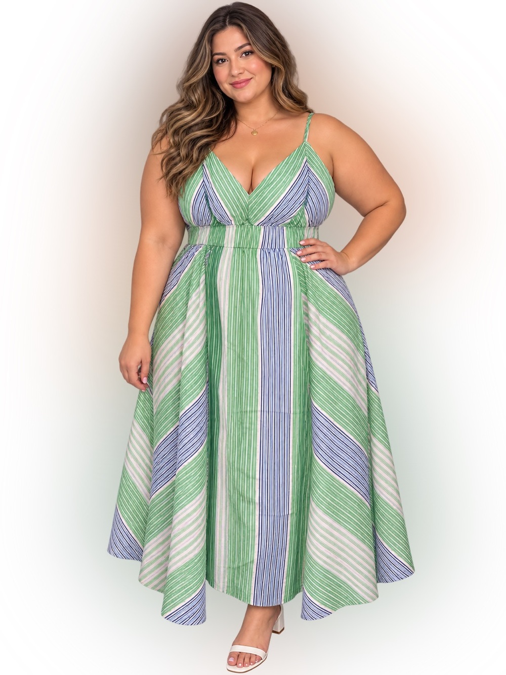 Striped Green & Blue V-Neck Midi Dress with Waist Detail
